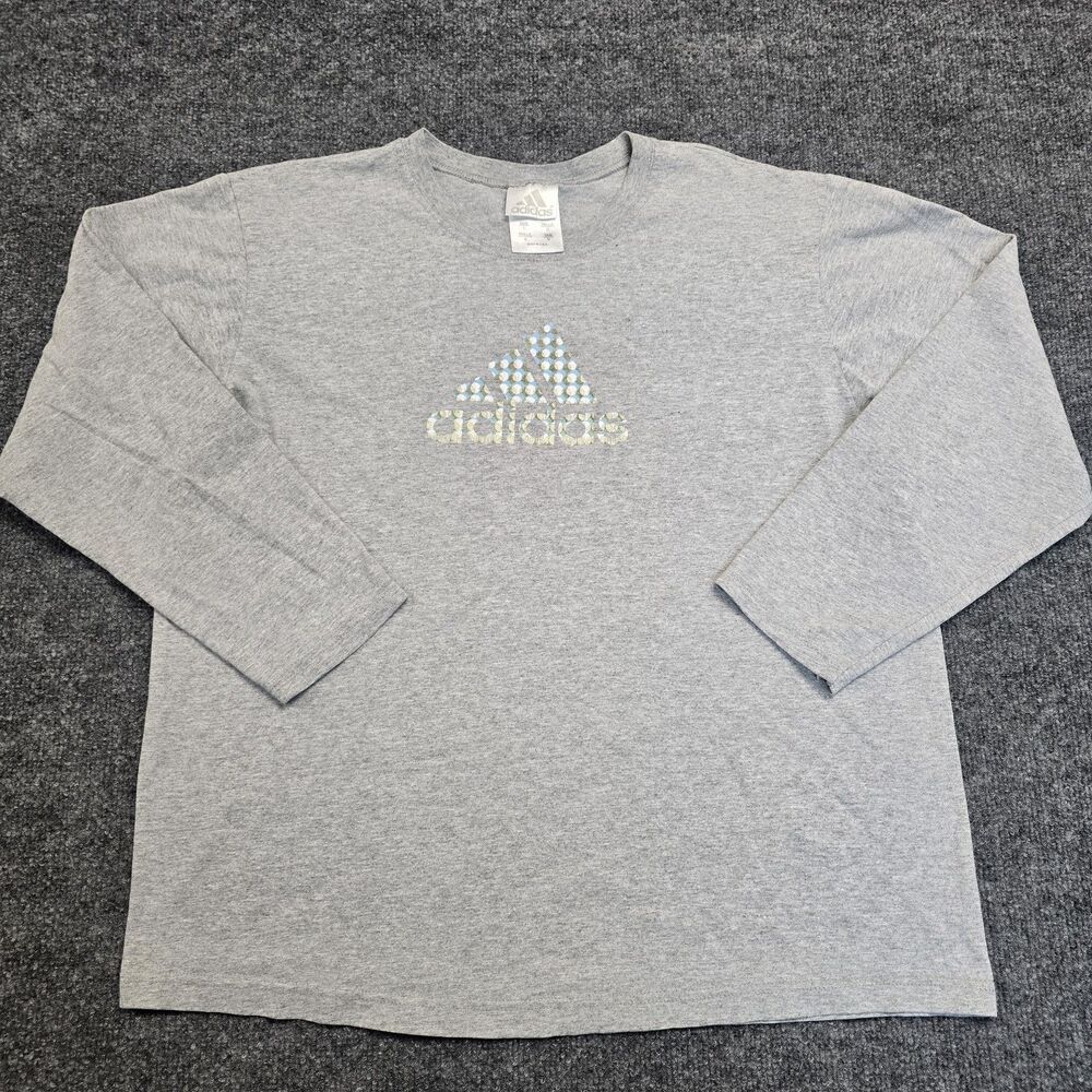Vintage Adidas Long Sleeve T Shirt Grey Front Logo Women’s Sz Large Made In USA
